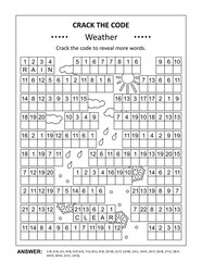 Crack the code word game, or codebreaker word puzzle, with various weather related words and phrases. Answer included.
