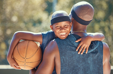 Wall Mural - Portrait of happy boy with father and basketball outdoor after training, workout or practice. Black father carrying his boy after playing sport at a club or court during summer with a cute smile