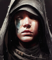 Portrait of a hooded woman character, scifi fantasy, digital illustration