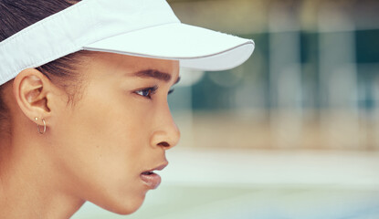 Sports, fitness and woman on a tennis court ready to play a professional competitive game or match in summer. Portrait of a serious girl athlete thinking before training, exercise and cardio workout