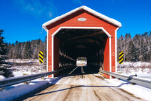 Thiffault Red Covered Bridge In Winter Near La Tuque Town, Quebec (Canada)