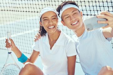 Sticker - Fitness, phone and couple in a selfie on a tennis court in summer before training, exercise and workout together. Happy, smile and young woman with healthy Asian boyfriend posing for social media