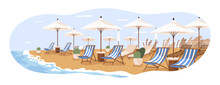 Chaise Lounges, Umbrellas At Luxury Sand Beach, Sea Resort. Seaside Landscape With Deckchairs, Sunbeds, Parasols At Ocean Coast On Summer Holiday. Flat Vector Illustration Isolated On White Background