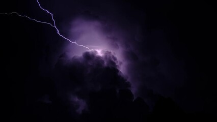 lightning in the night sky, flashes on the cloudscape in the darkness, thunderbolt effect variations