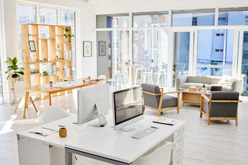 Aufkleber - Empty office room, workplace or interior with an arranged desk, computers and furniture. Corporate organized work space, business company working area or modern headquarters workspace