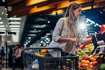 Wall Mural - Young woman with the cart shopping in supermarket