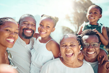 Wall Mural - Portrait, happy black big family and love as they smile on vacation, trip or holiday. Ancestry, African people or grandparent, fathers and mother with kids together in the shining sun or sunshine.