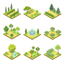 Public Park Isometric 3D Set. Flower Bed, Pool With Water, Lawn With Green Grass And Decorative Trees, Park Roads And Benches Vector Illustration. Nature Map Elements For Parkland Landscape Design.