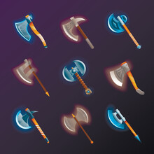 Fantasy Medieval Axes Vector Set. Collection Of Decoration Weapon For Computer Game Design. Magic And Epic Tomahawk, Two Blade Battle Ax, Halberd And Hatchet Vector Illustration. Ancient Viking Arms.