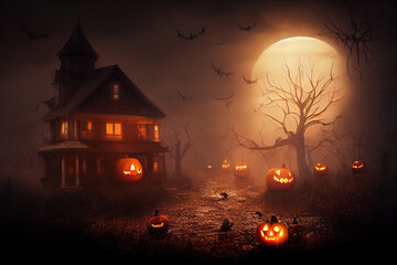 Canvas Print - spooky home with a lot of halloween pumpkins around it. High quality 3d illustration