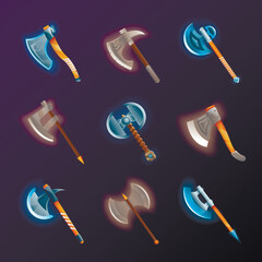 Fantasy medieval axes vector set. Collection of decoration weapon for computer game design. Magic and epic tomahawk, two blade battle ax, halberd and hatchet vector illustration. Ancient viking arms.