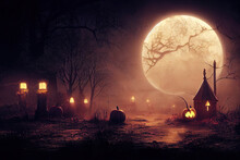 Halloween Night In Graveyard With Spooky Pumpkins. High Quality 3d Illustration