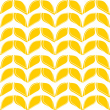 Geometric Yellow Petals In A Seamless Pattern With A White Background. Spikelets Of Wheat Upside Down. 