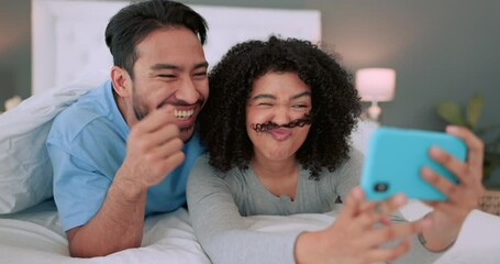 Poster - Comic couple phone selfie, interracial love and streaming funny video for mobile app chat, funny communication with internet and happy together in bedroom. Comedy man and woman with meme face