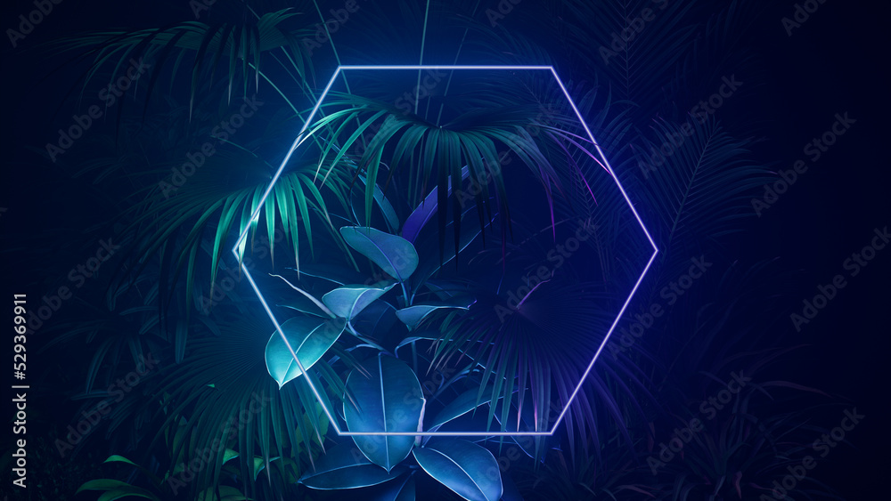 Cyberpunk Background Design. Tropical Plants with Green and Purple, Hexagon  shaped Neon Frame. Stock Illustration | Adobe Stock