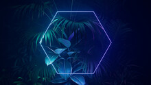 Cyberpunk Background Design. Tropical Plants With Green And Purple, Hexagon Shaped Neon Frame.