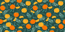 Christmas And Happy New Year Seamless Pattern. Christmas Tree And Tangerines. New Year Symbols. Vector Design