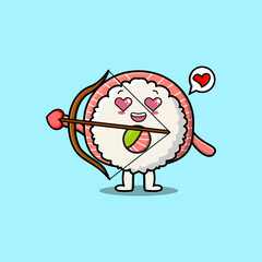Wall Mural - Cute cartoon mascot character romantic cupid rice sushi rolls sashimi with love arrow modern design 