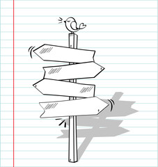 Hand drawn illustration of a doodle signpost on paper background