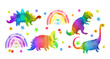 Rainbow dinosaurs set with flowers and rainbows. Bright dino for kids design. Watercolor childish colorful collection, funny bundle