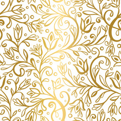 Gold and white leaves seamless pattern. Abstract vector ornament template. Paisley elements. Great for fabric, invitation, background, wallpaper, decoration, packaging or any desired idea.