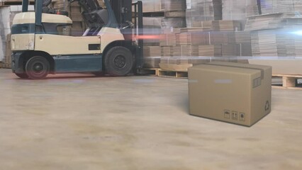 Poster - Animation of cardboard box falling on a floor with a forklift and stacked up shelves