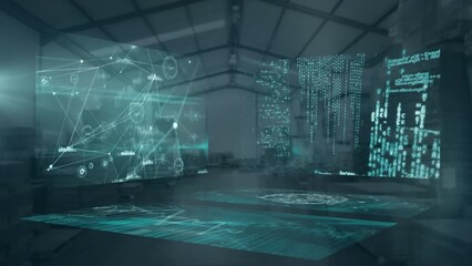 Poster - Animation of data processing over warehouse in the background. 