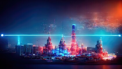 Poster - Smart city and IoT (Internet of Things) concept. ICT. Modern buildings. Blue night city information and communication technologies.