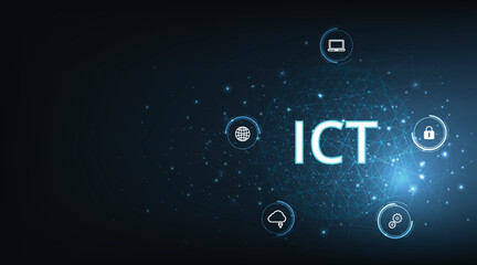 Leinwandbilder -  Information and communication technology concept.Information and communication technology(ICT) on dark blue background.Wireless communication network. Intelligent system automation. 