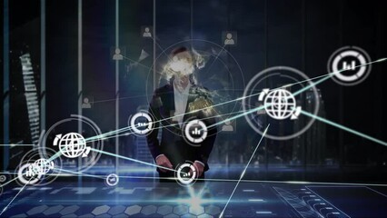 Poster - animation of network of connections over caucasian businesswoman using tablet