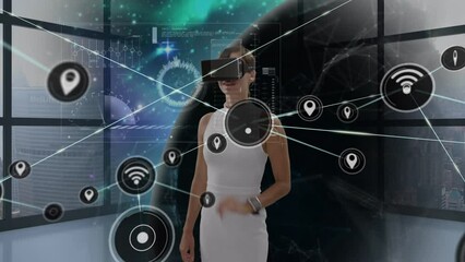 Poster - animation of network of connections over caucasian businesswoman using vr headset