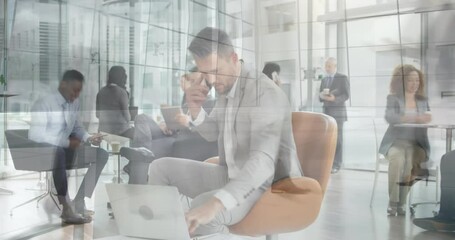 Poster - Animation of people walking in fast pace over caucasian businessman working