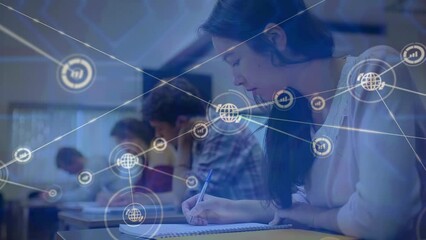 Poster - Animation of network of digital icons over asian girl studying in class at college