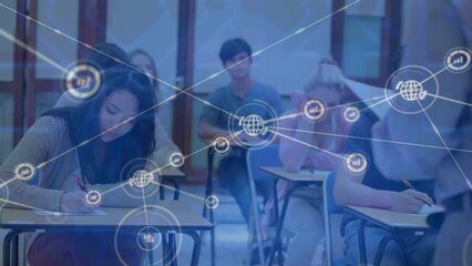 Poster - Animation of network of digital icons over diverse college students studying in class at college