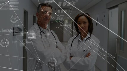 Wall Mural - Animation of network of connections over diverse male and female doctor smiling at hospital