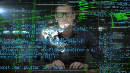 Poster - Animation of interface with data processing over caucasian male hacker and spinning globe