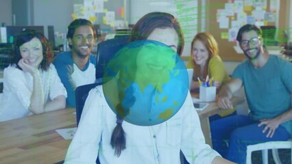Poster - Animation of spinning globe and data processing over diverse office colleagues smiling at office