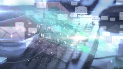 Poster - Animation of multiple message icons and data processing over close up of person typing on keyboard
