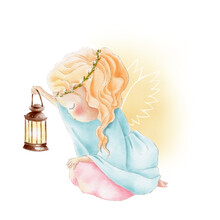 Cute Watercolor Angel Girl With The Light. Christmas Angel Character. Childish Angel Illustration.