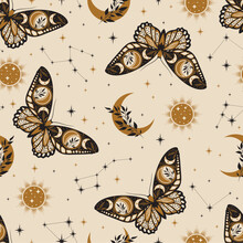 Magic Celestial Seamless Pattern With Constellations. Boho Magic Background With Space Elements Stars, Butterflies. Vector Doodle Texture.