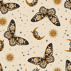 Wall Mural - Magic celestial seamless pattern with constellations. Boho magic background with space elements stars, butterflies. Vector doodle texture.