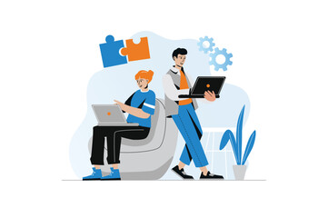 Poster - Teamwork concept with people scene in the flat cartoon design. Colleagues work together completing different tasks on laptop. Vector illustration.