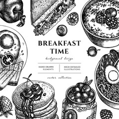 Wall Mural - Breakfast hand drawn illustration design. Background with sketch sandwich, pancakes, bowl with avocado, porridge with berries, chia pudding, fried eggs, raspberry, blueberry, strawberry, apples.