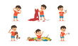 Naughty Little Boy Playing Games and Making Mess Around Vector Set