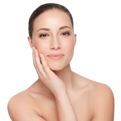 skincare, beauty and face of a woman with a happy smile and clean skin on a png, transparent and moc