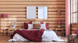 © ArchiVIZ - Log cabin bedroom in red and beige tones. Double bed with blanket and duvet, wooden side tables. Frame mockup, farmhouse interior design