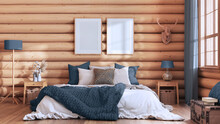 Log Cabin Bedroom In Gray And Beige Tones. Double Bed With Blanket And Duvet, Wooden Side Tables. Frame Mockup, Farmhouse Interior Design