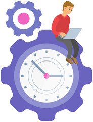 Poster - Idea of time management, planning schedule and deadline. Workflow of business manager concept. Man dealing with time management, deadline, settings, maintenance. People near gears and clocks