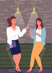 Wall Mural - Girls communicate during break at work. Happy smiling women colleagues chatting and relaxing together. Business ladies during day off having rest. Recreation with friends, friendship concept