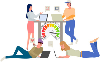Poster - Team of people sitting at desk with laptops, working together, discussing start-up. Chatting, communication and sending messages via Internet. Meeting of colleagues. Coworking, teamwork concept
